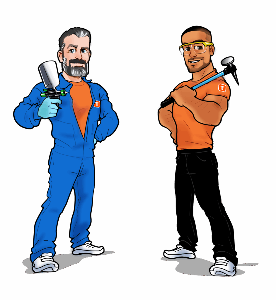 Bolt TechShare cartoon characters promoting flexible staffing for the collision repair industry