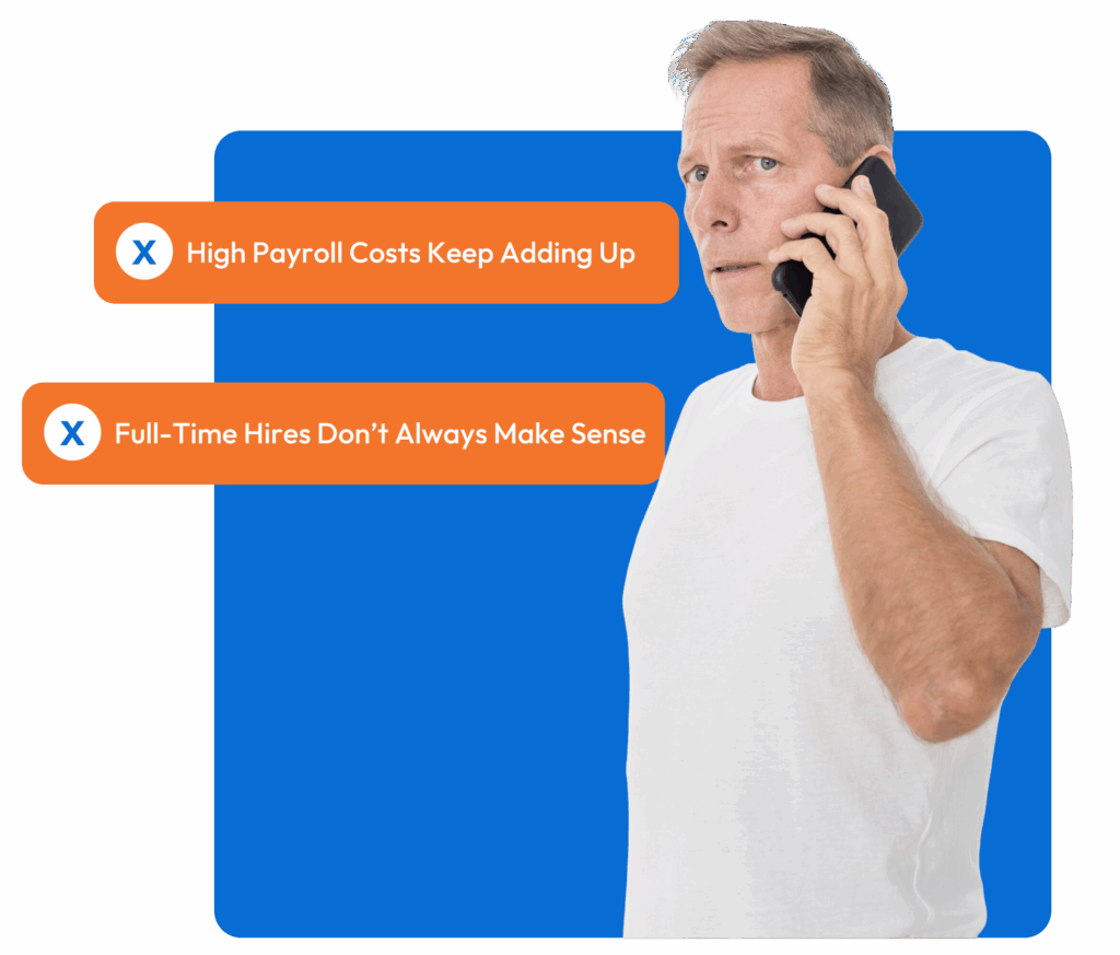 Concerned shop owner on phone, frustrated with high payroll costs and full-time hires