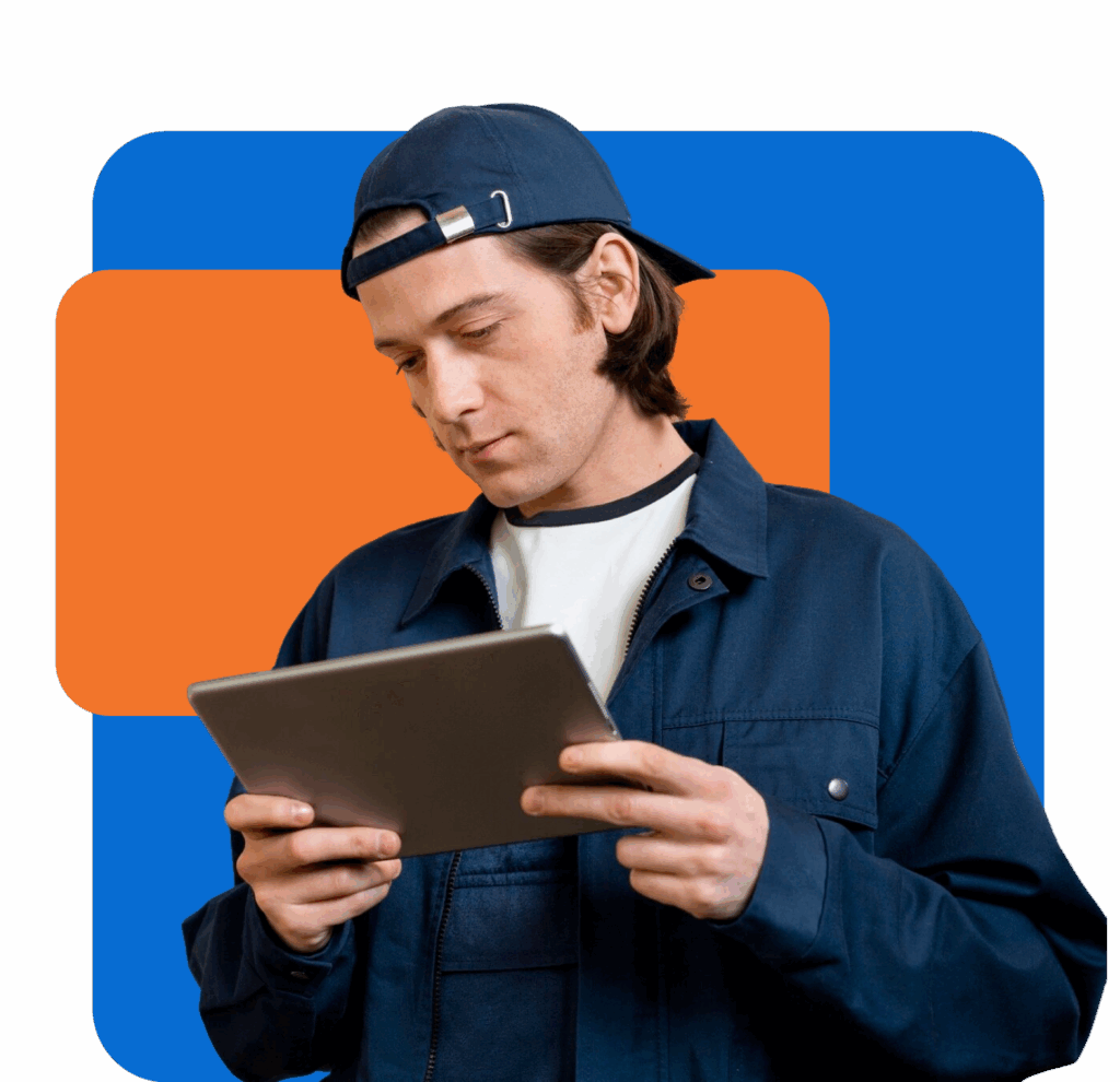 On-demand technician using a tablet as part of flexible staffing for auto repair shops