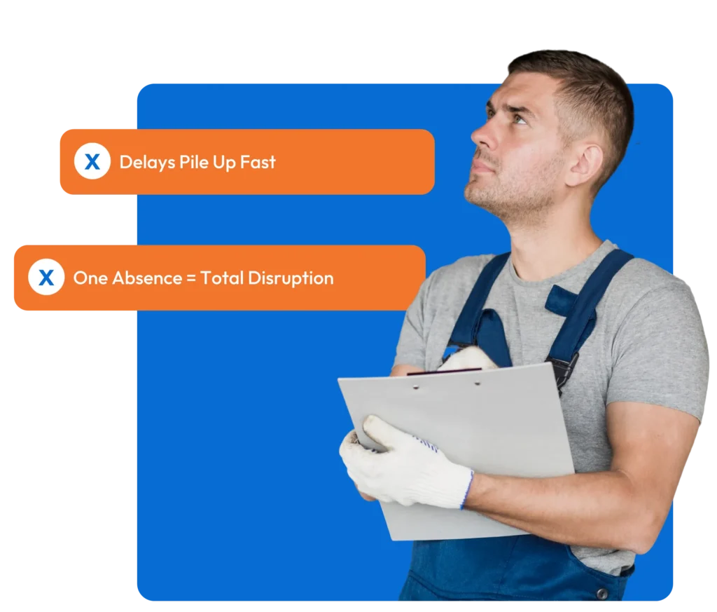 Collision shop tech reviewing workflow, impacted by call-outs and needing flexible staffing