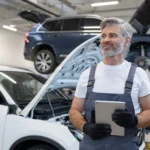 Retired auto technician using hand tools on a car in a collision repair shop.
