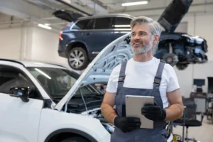 Retired auto technician using hand tools on a car in a collision repair shop.